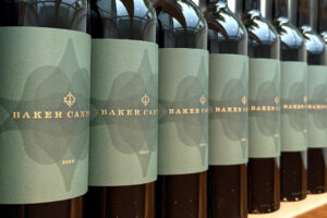 many bottles of baker canyon wine lined up